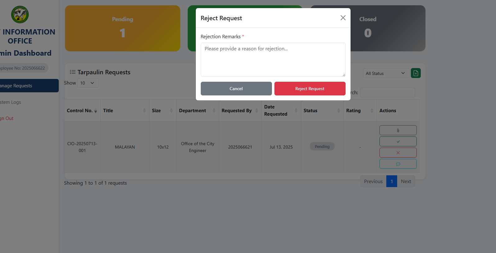 Admin Rejection Interface