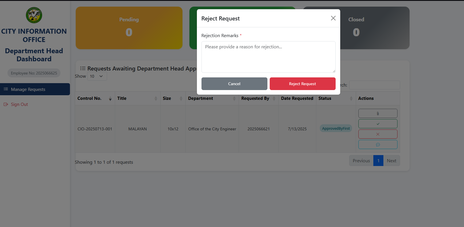 Department Rejection Interface