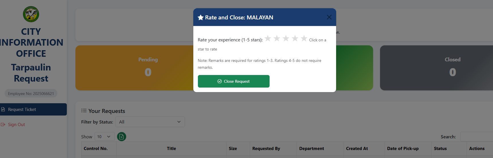 Rate and Close Interface