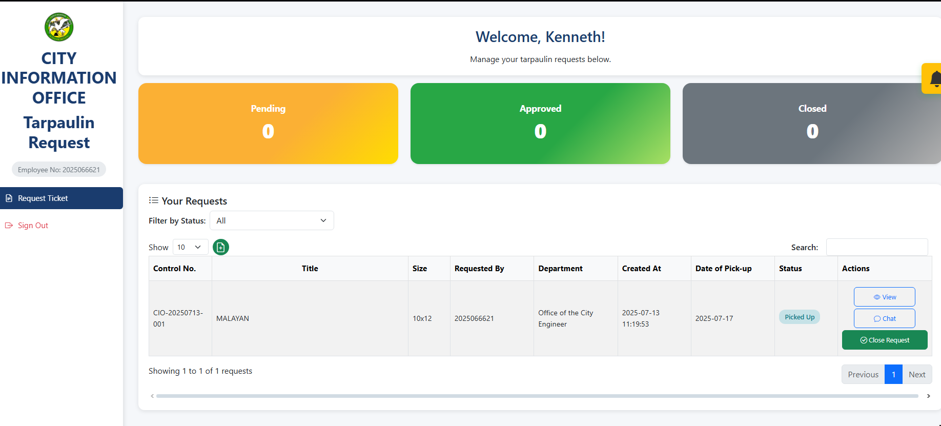 Close Request Interface